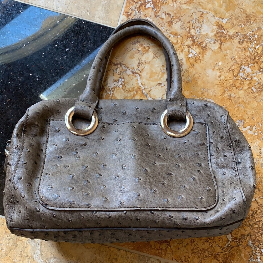 Taupe Faux ostrich handbag VGUC lace print satin